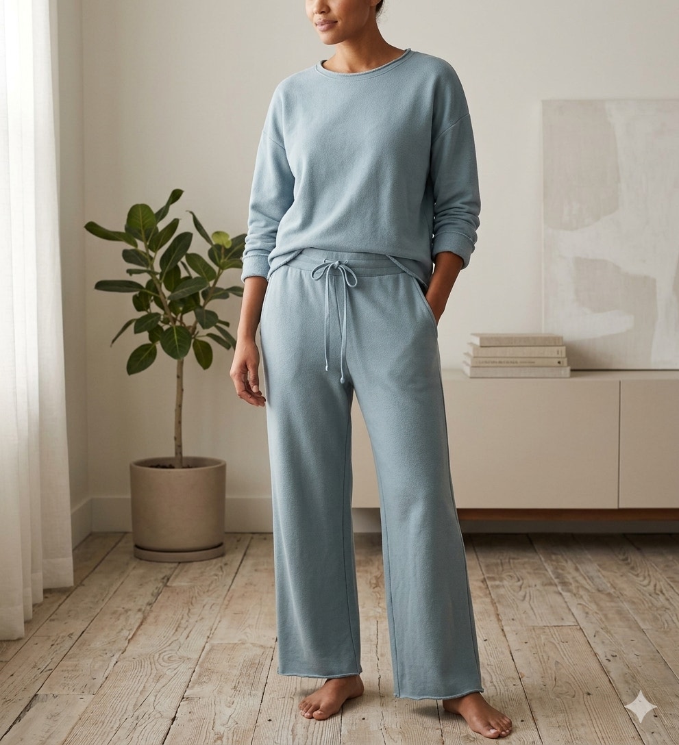 Cozy Earth Organic Cotton Pullover Wide-Leg Pant Set L Top Xl Bottoms Sage Blue